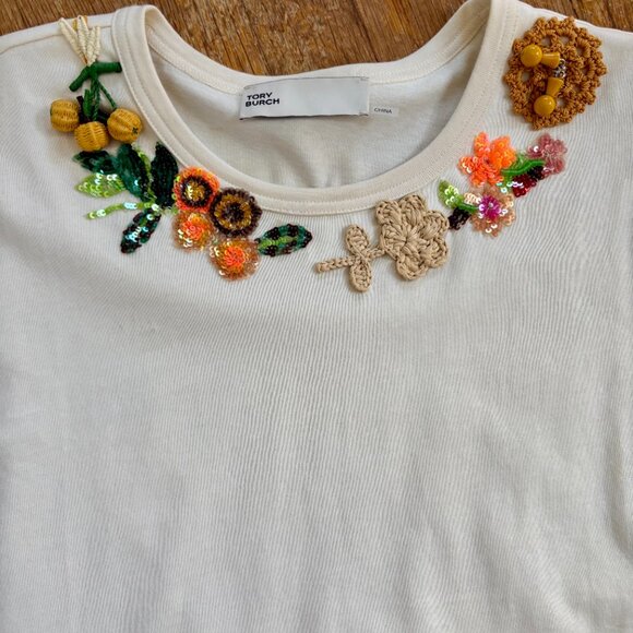 Tory Burch embellished cotton t-shirt in new ivory size Large - Picture 5 of 6